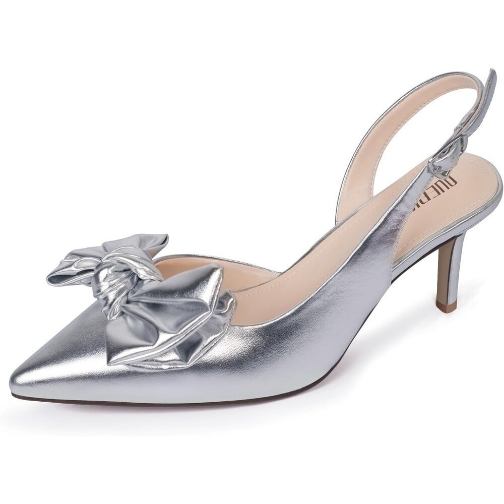 Women Silver Slingback Kitten Heels Pointed Closed Toe Low Heel with Buckle